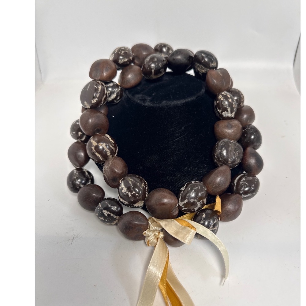 Kukui Nut Lei Necklace Unisex OS Brown Black Excellent Hawaiian Ribbon Earthy